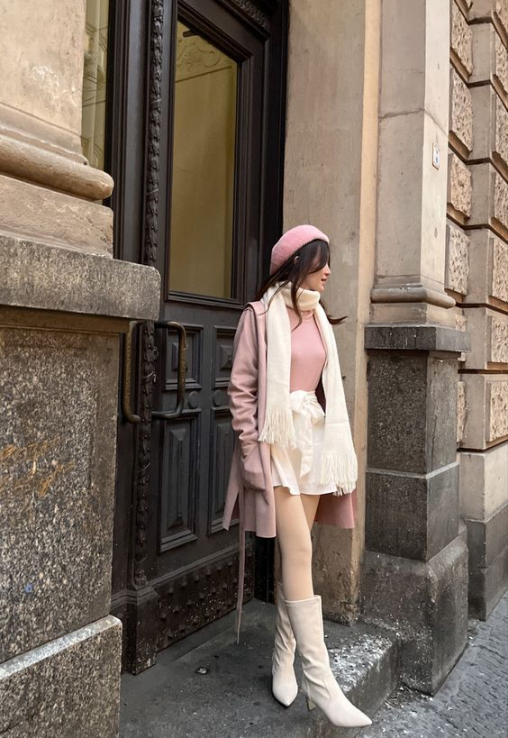 Pink Coat and Turtleneck with White Skirt